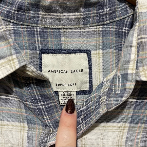 American Eagle “Super Soft” blue plaid hemp blend button-up shirt (large tall) - Picture 3 of 4